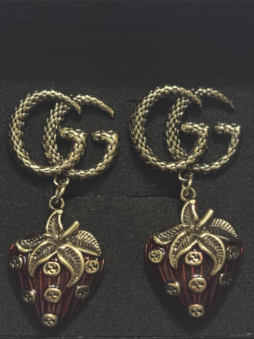 Gucci Gold-Tone GG Strawberry Drop Earrings with Red Enamel